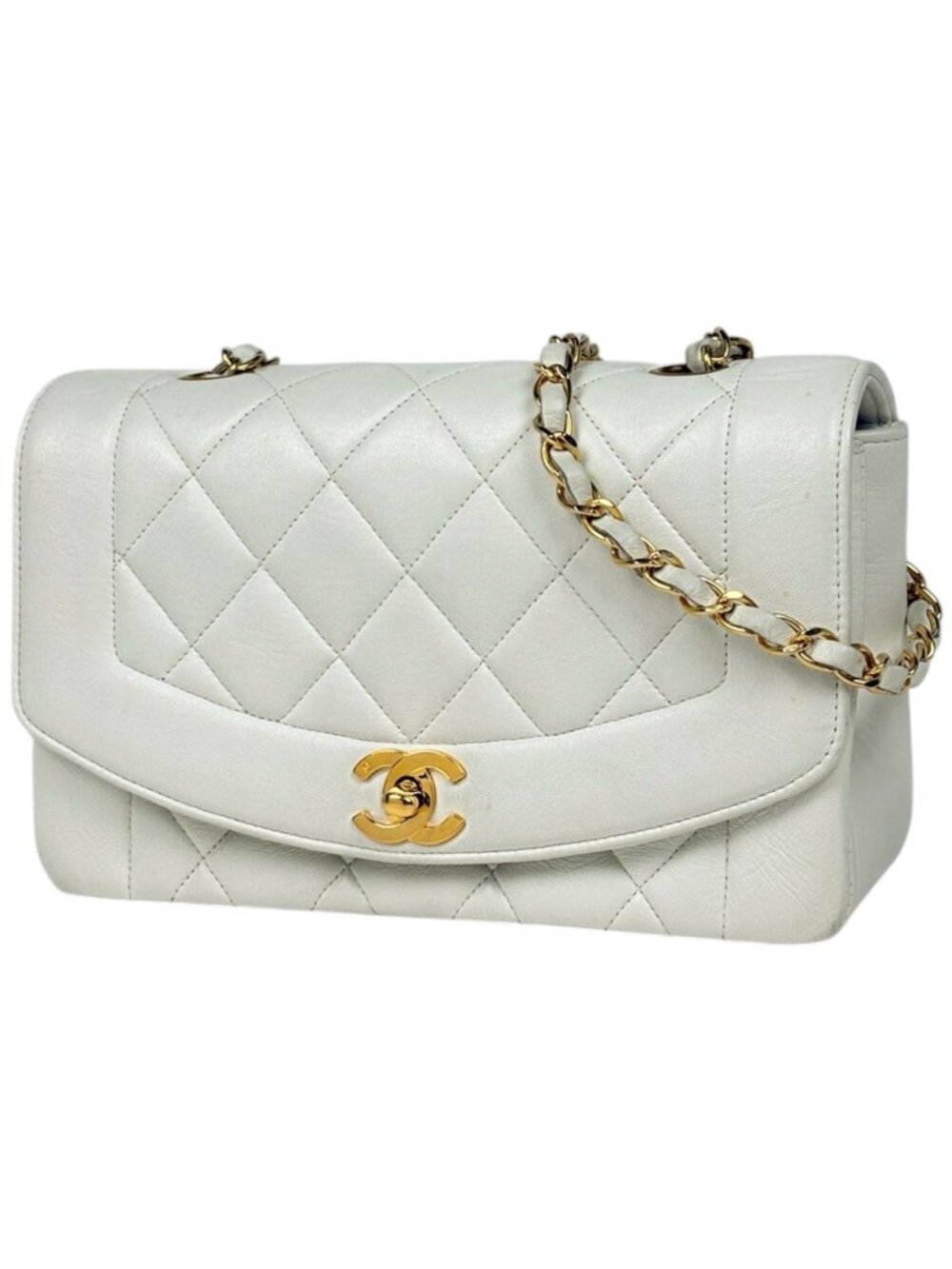 Chanel Diana Quilted Shoulder Bag CC Logo Single Flap Leather White